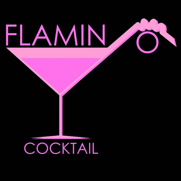 Logo abstrait de cocktail de flamant rose avec un verre et une paille en forme de flamant rose sur un fond sombre — Image vectorielle