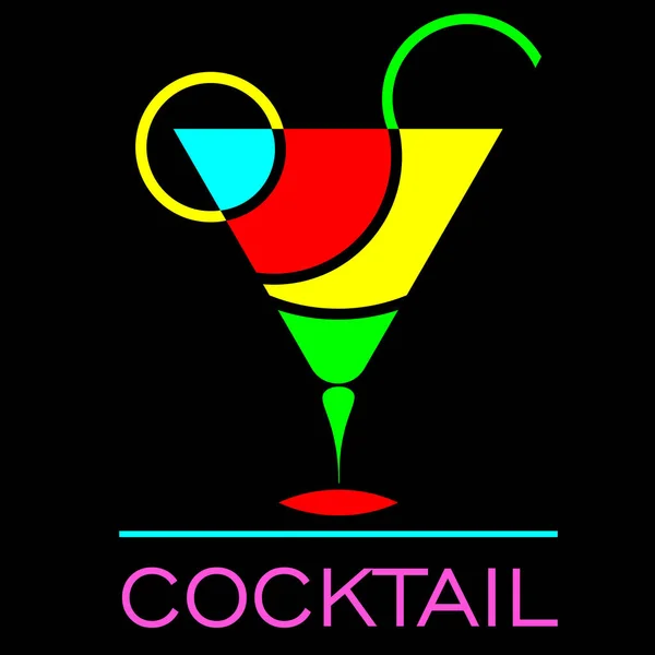 Logo astratto cocktail con un bicchiere di elementi multicolori con una cannuccia e un limone su sfondo scuro — Vettoriale Stock