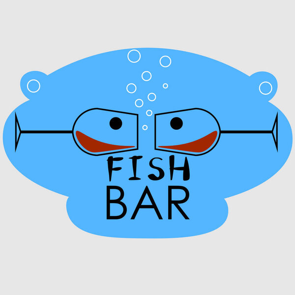 Abstract logo of a fish bar from glasses in the form of fish with bubbles and a face — Stock Illustration Abstract logo of a fish bar from glasses in the form of fish with bubbles and a face — Stock Vector