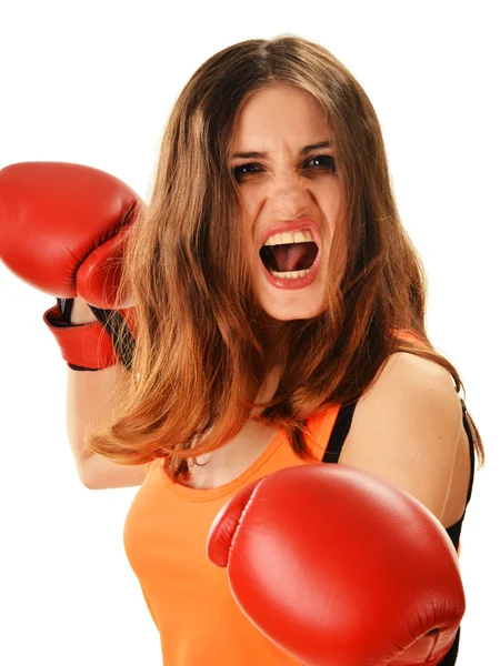 Retrato de mujer joven con guantes de boxeo rojos — Foto de Stock