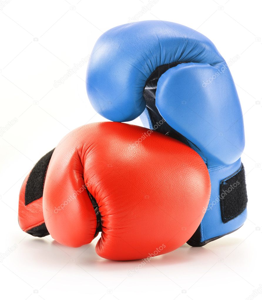 Pair of red and blue leather boxing gloves isolated on white