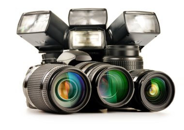 zoom lens, kamera ve flaş ışıkları gibi fotoğraf ekipmanları
