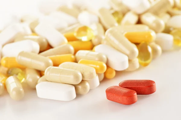 Composition with dietary supplement capsules. Drug pills — Stock Photo, Image