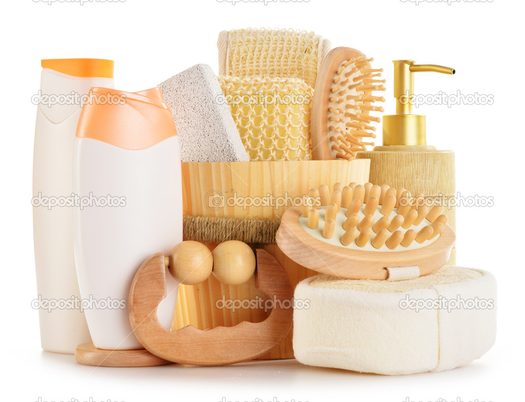 Body care accessories and beauty products isolated on white
