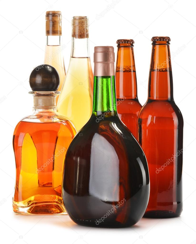 Assorted alcoholic beverages isolated on white