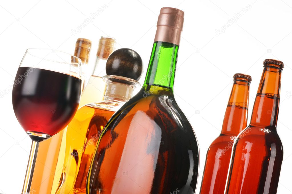 Assorted alcoholic beverages isolated on white Stock Photo by