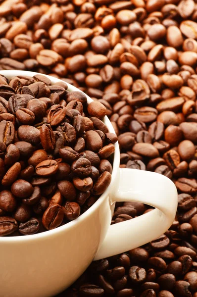 Composição com xícara branca e grãos de café — Fotografia de Stock
