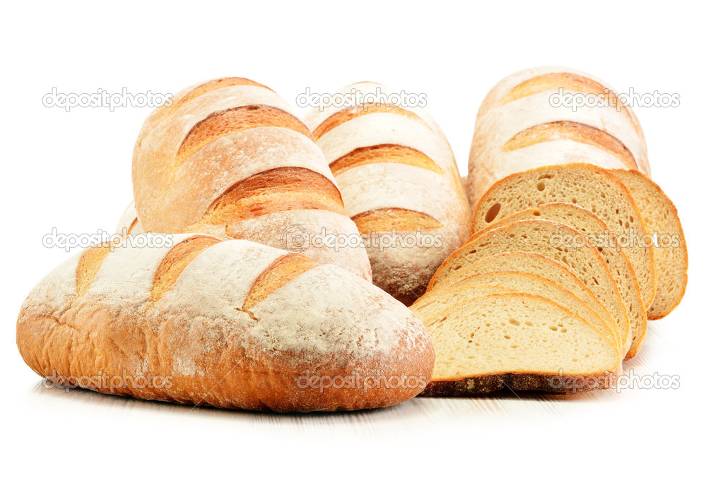 Composition with loafs of bread isolated on white background