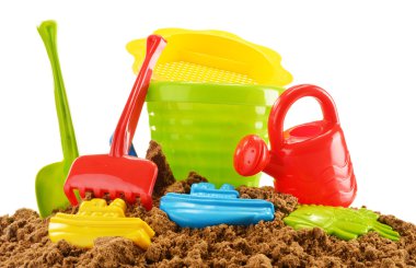 sandpit ve bir plajda çalıştırmak için plastik çocuk oyuncakları