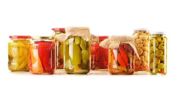Composition with jars of pickled vegetables. Marinated food — Stock Photo, Image