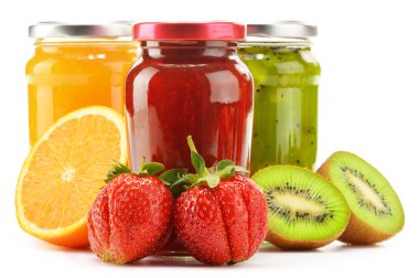 Composition with jars of fruity jams on white. Preserved fruits clipart