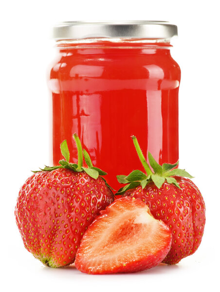 Jar of strawberry jam isolated on white background.