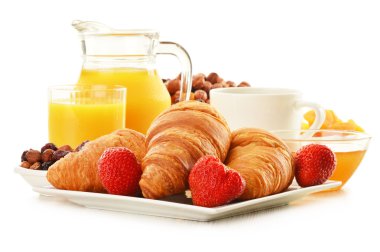 Breakfast with croissants cup of coffee and fruits clipart