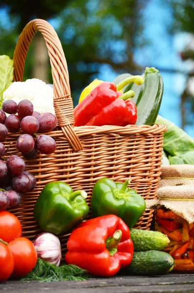 Fresh organic vegetables in wicker basket in the garden — Stock Photo, Image