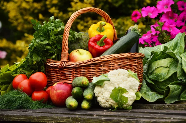 Verduras orgánicas frescas en canasta de mimbre en el jardín —  Fotos de Stock