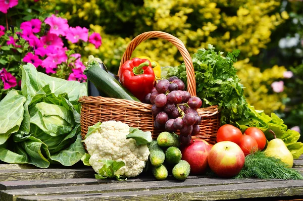 Verduras orgánicas frescas en canasta de mimbre en el jardín —  Fotos de Stock