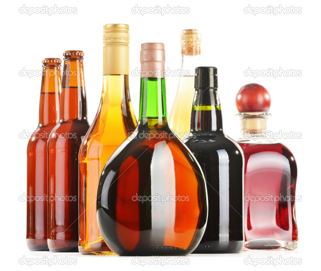 Assorted alcoholic beverages isolated on white