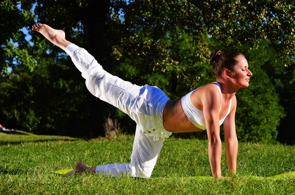 Yoga, meditasyon sırasında genç kadın parkta — Stok fotoğraf