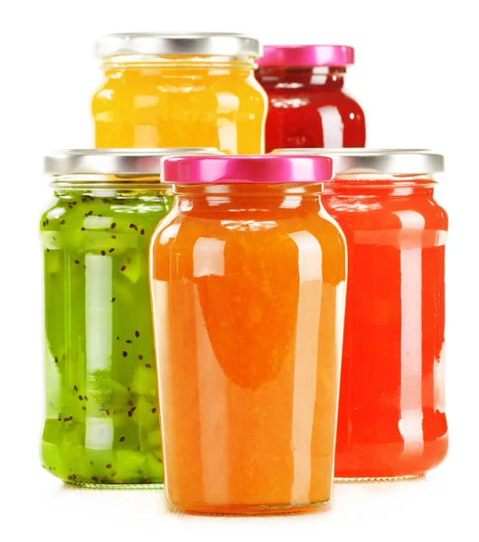 Jars of fruity jams isolated on white background — Stock Photo, Image