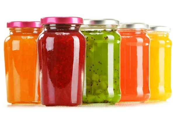 Jars of fruity jams isolated on white background — Stock Photo, Image