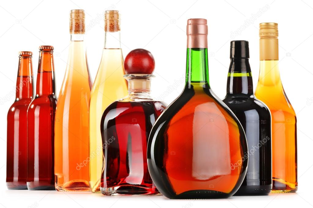 Assorted alcoholic beverages isolated on white