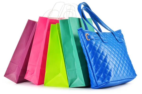 Paper shopping bags and handbag isolated on white — Stock Photo, Image