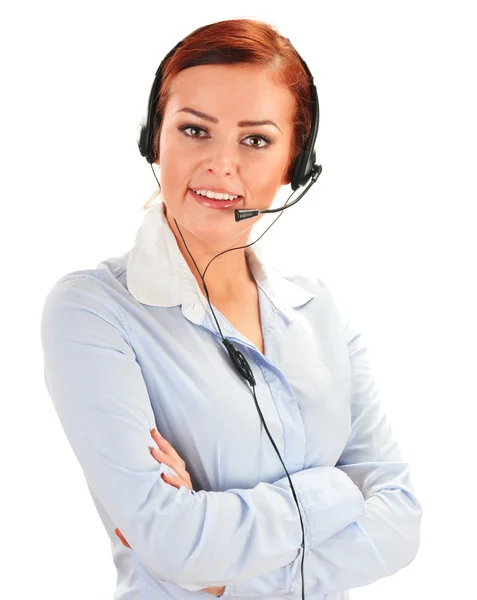 Operador de call center isolado em branco. Apoio ao cliente — Fotografia de Stock