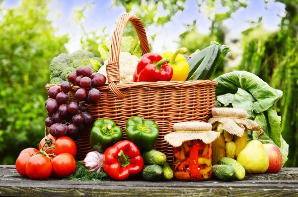 Свіжі органічні овочі в плетеному кошику в саду — стокове фото