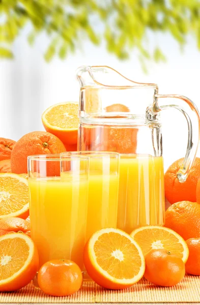 Sammansättning med glas apelsin juice och frukt — Stockfoto