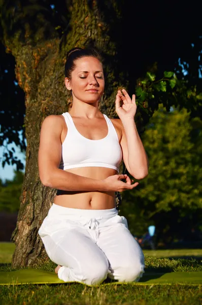 Yoga, meditasyon sırasında genç kadın parkta — Stok fotoğraf