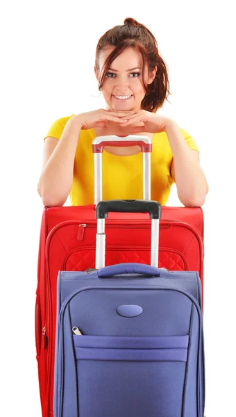 Young woman with travel suitcases. Tourist ready for a trip — Stock Photo, Image