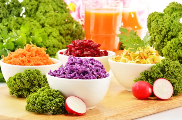 Composition with four vegetable salad bowls — Stock Photo, Image