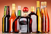 láhve nejrůznějších alkoholických nápojů včetně piva a vína