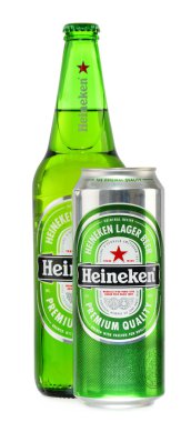 Bottle and can of Heineken beer isolated on white clipart