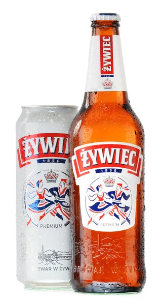 Botella y lata de cerveza Zywiec aislada en blanco — Foto de Stock