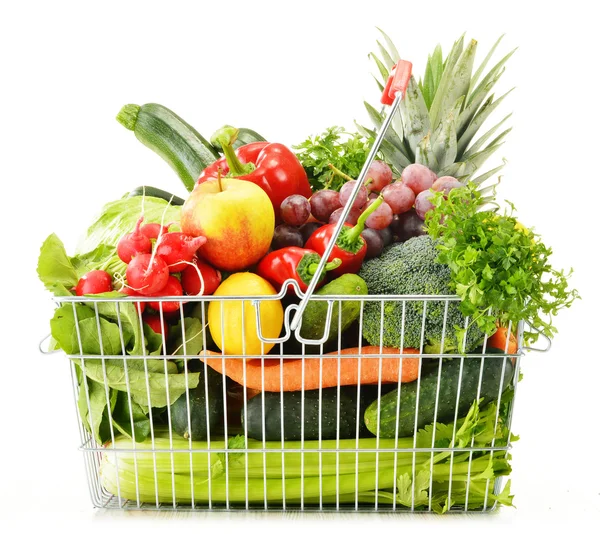 Wire shopping basket with groceries isolated on white — Stock Photo, Image