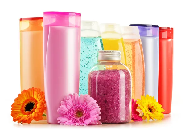 Plastic bottles of body care and beauty products — Stock Photo, Image