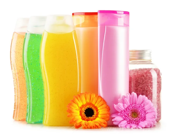 Plastic bottles of body care and beauty products — Stock Photo, Image