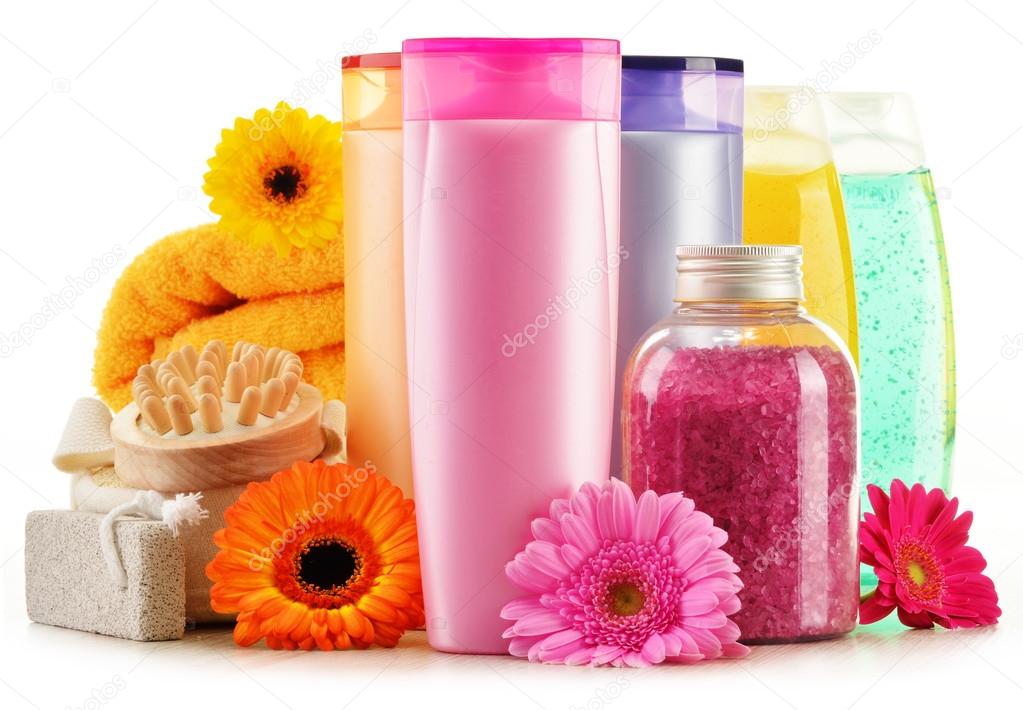 Plastic bottles of body care and beauty products