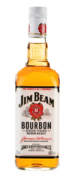 Bottiglia di bourbon Jim Beam isolato su bianco — Foto Stock