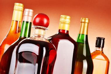 bira ve şarap dahil olmak üzere çeşitli alkollü içecek şişesi
