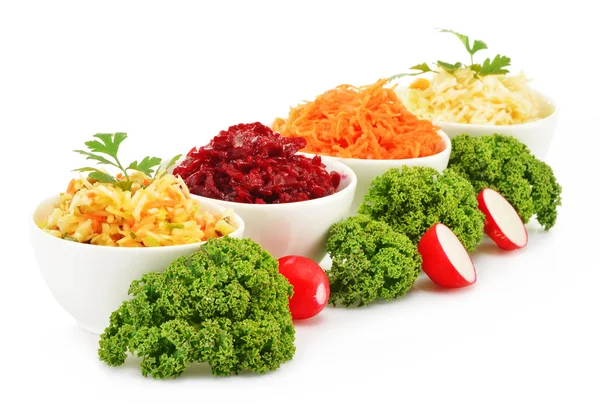 Composition with four vegetable salad bowls — Stock Photo, Image