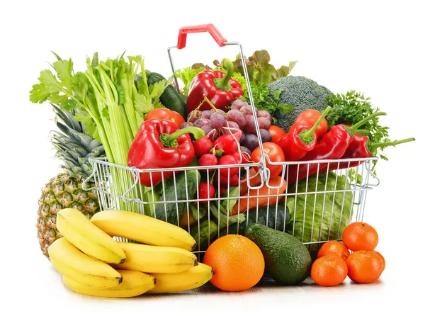 Wire shopping basket with groceries isolated on white — Stock Photo, Image