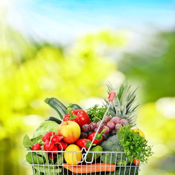 Cesta de compra de alambre con comestibles — Foto de Stock