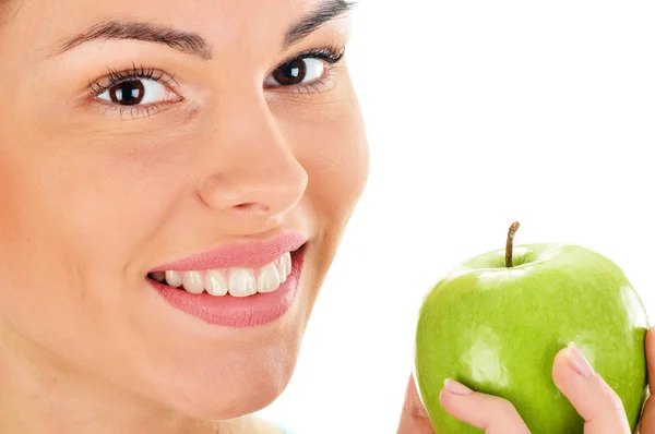 Retrato de mujer joven sosteniendo manzana aislada en blanco —  Fotos de Stock