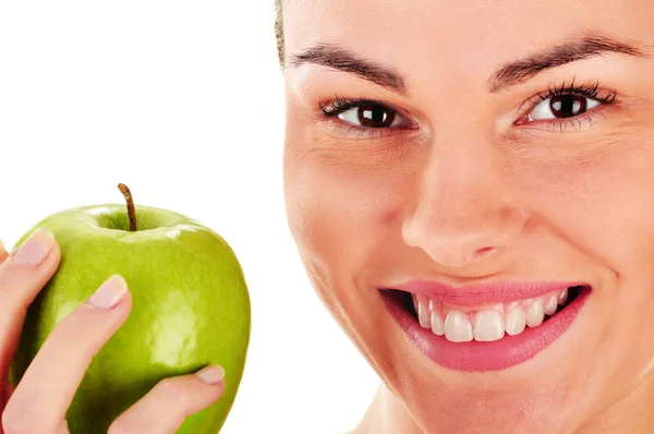 Retrato de mujer joven sosteniendo manzana aislada en blanco —  Fotos de Stock