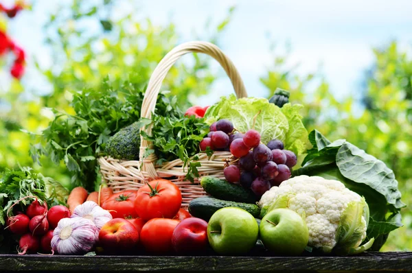 Verduras orgánicas frescas en canasta de mimbre en el jardín — Foto de Stock