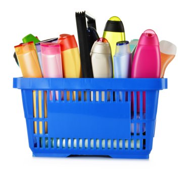 Plastic shopping basket with body care and beauty products clipart