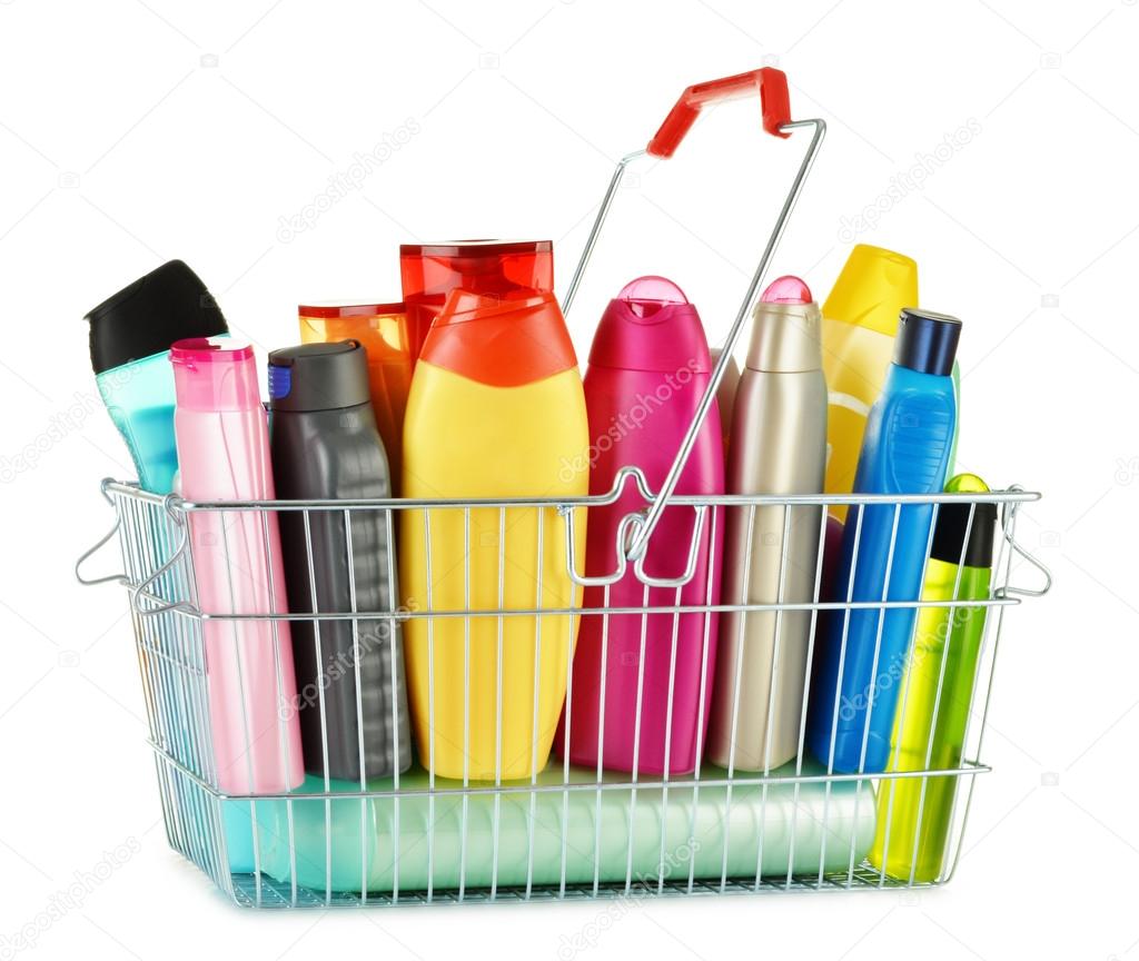 Wire shopping basket with body care and beauty products