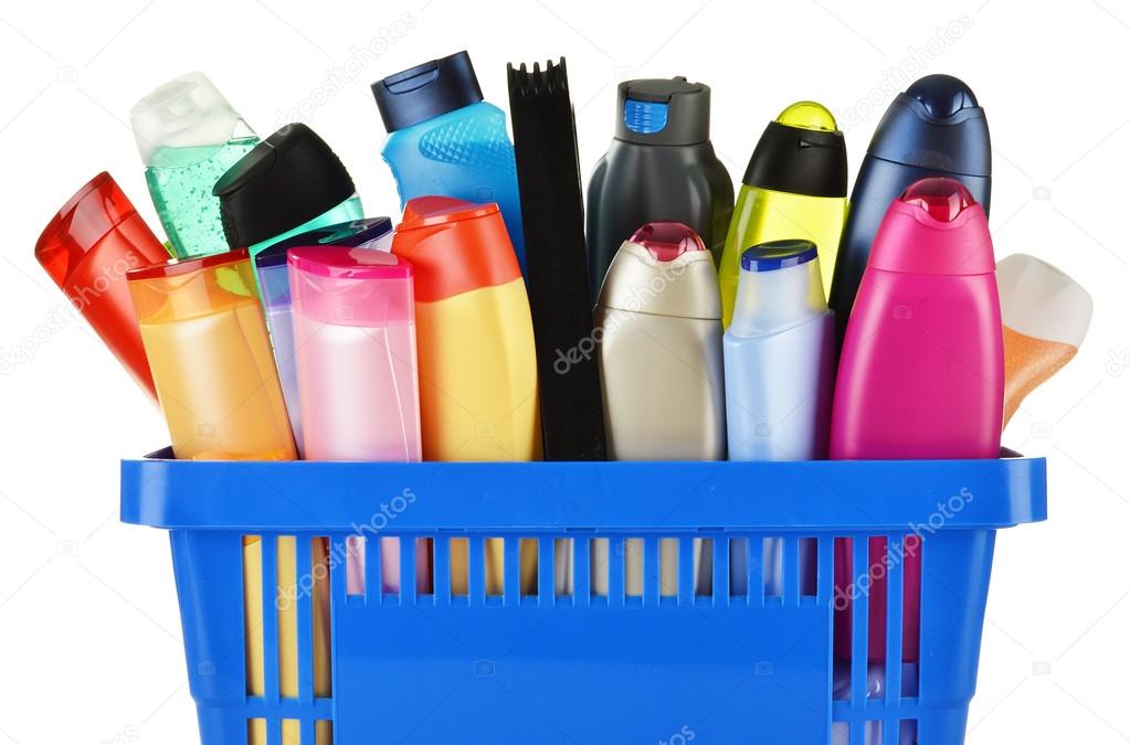 Plastic shopping basket with body care and beauty products